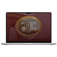 A silver laptop on a transparent background displaying a digital cover for the 'Instagram Client Attraction Kit for Social Media Managers' from the Artisan Atelier Collection by Sugarpunch Marketing.