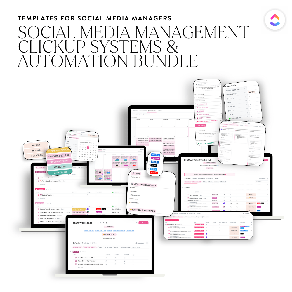 ClickUp: Social Media Management Systems & Automations Template Bundle Pack (2 Templates) - Sugarpunch Marketing