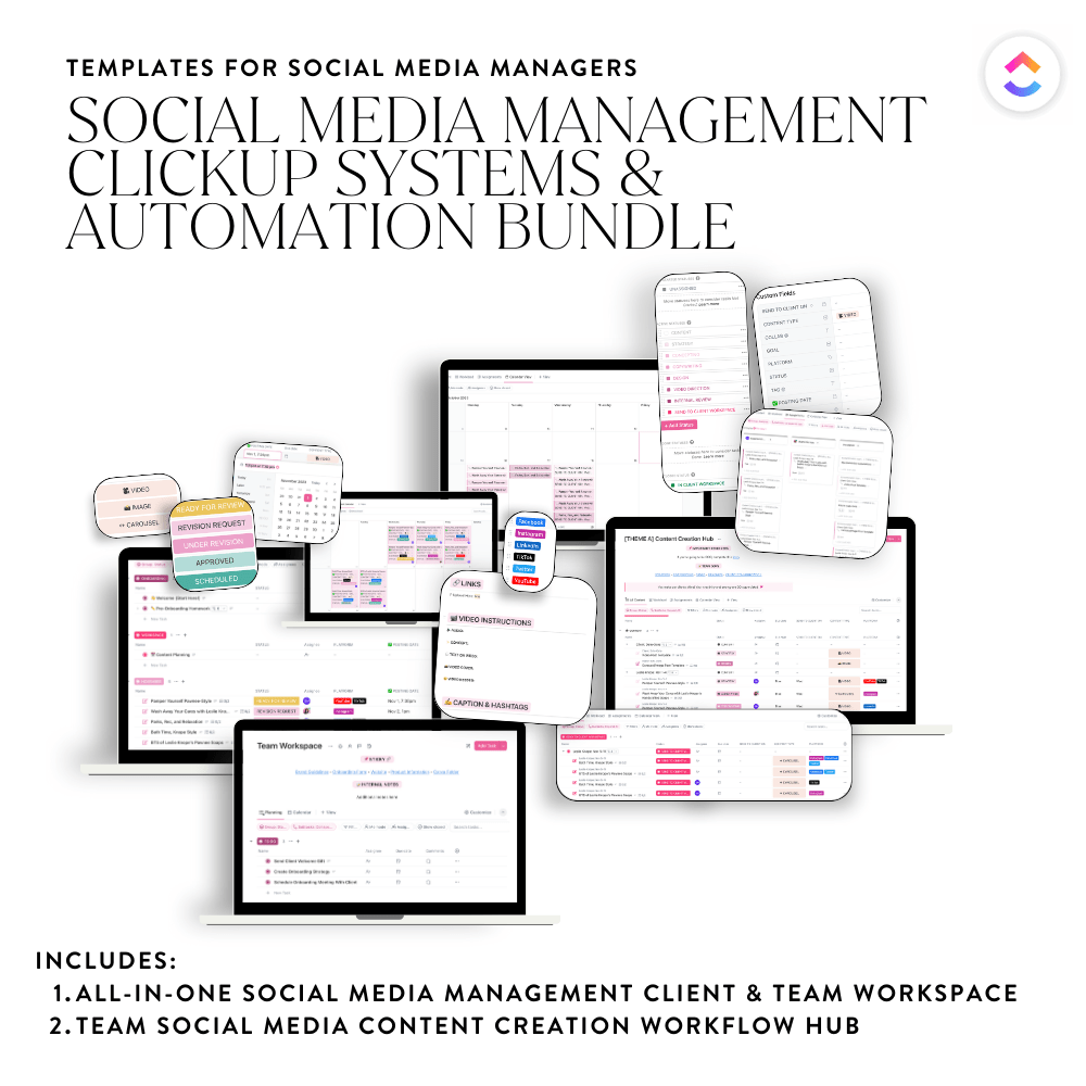 ClickUp: Social Media Management Systems & Automations Template Bundle Pack (2 Templates) - Sugarpunch Marketing